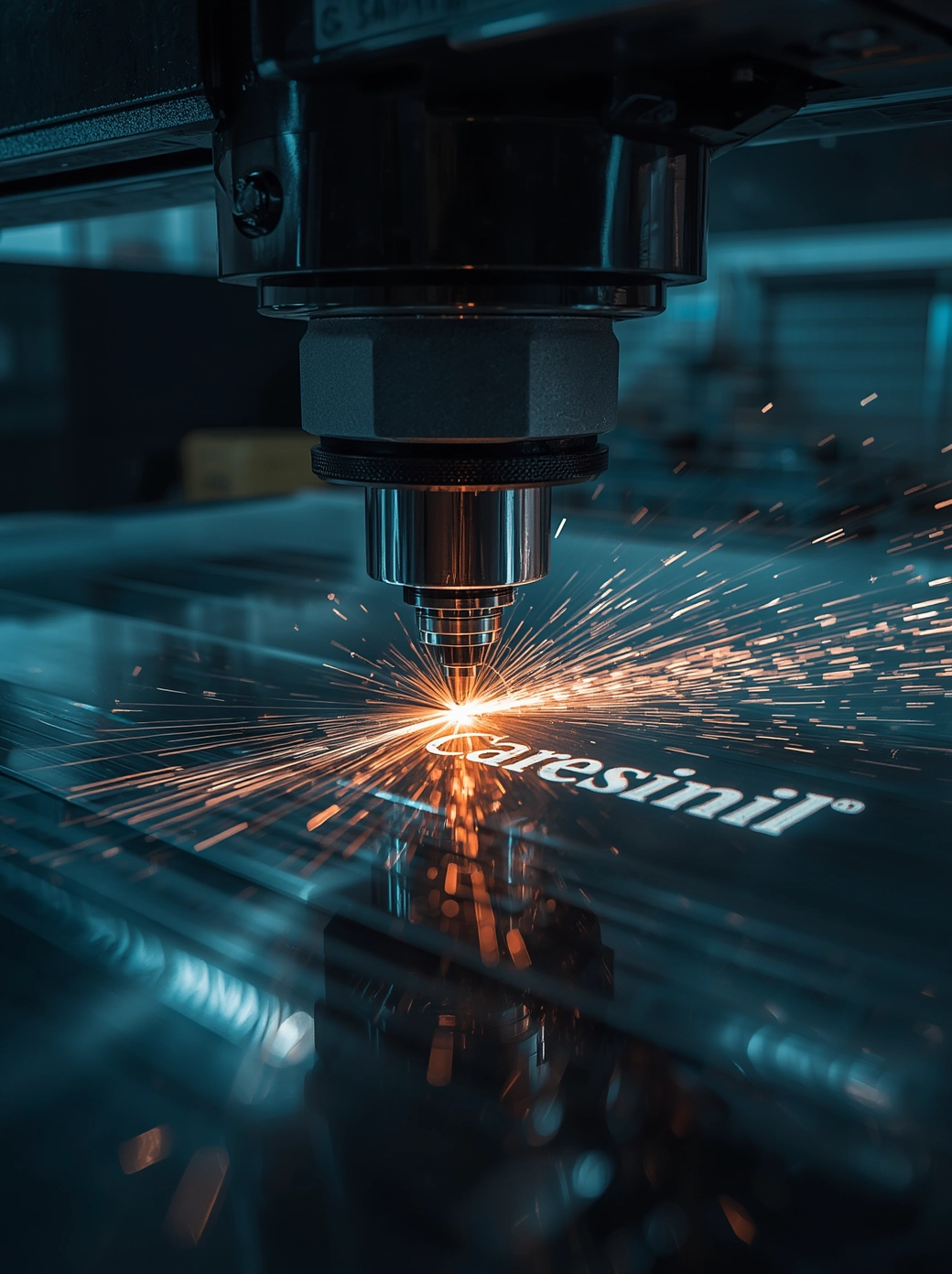 Faserlaser-Graviermaschine graviert ein Firmenlogo in Metall